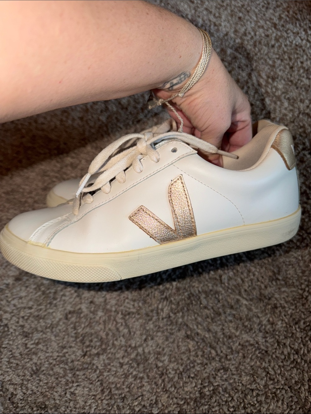 Veja White Leather Sneakers with Rose Gold Accent - Women's Casual Tennis Shoe